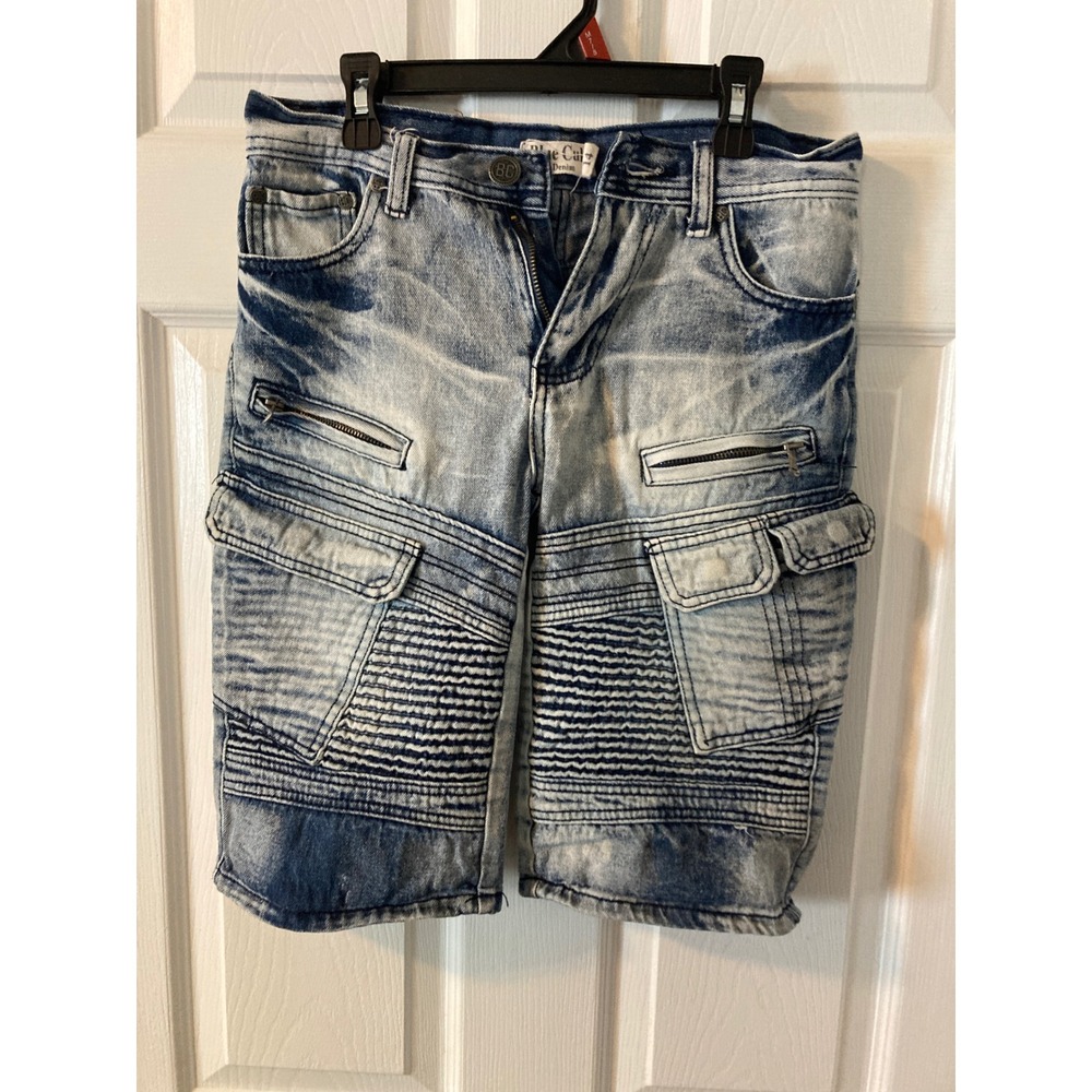 Blue Cult Denim Boys Moto Cargo Shorts Acid Wash Biker Pleated Blue Size 14